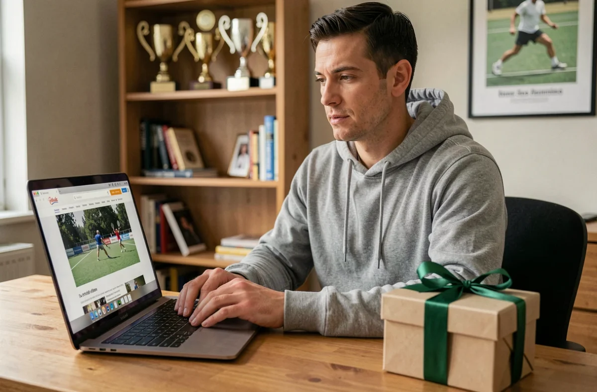 Homme parcourant des codes promo tennis sur un ordinateur portable avec une boîte cadeau sur un bureau en bois à domicile