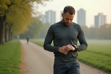Homme courant dans un parc vérifiant sa smartwatch
