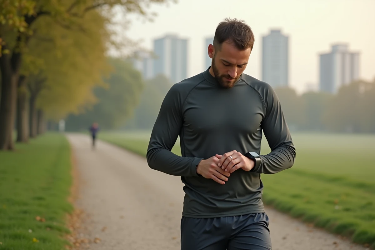 Homme courant dans un parc vérifiant sa smartwatch