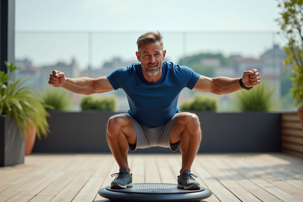 Homme en entraînement sur plateforme vibrante en extérieur