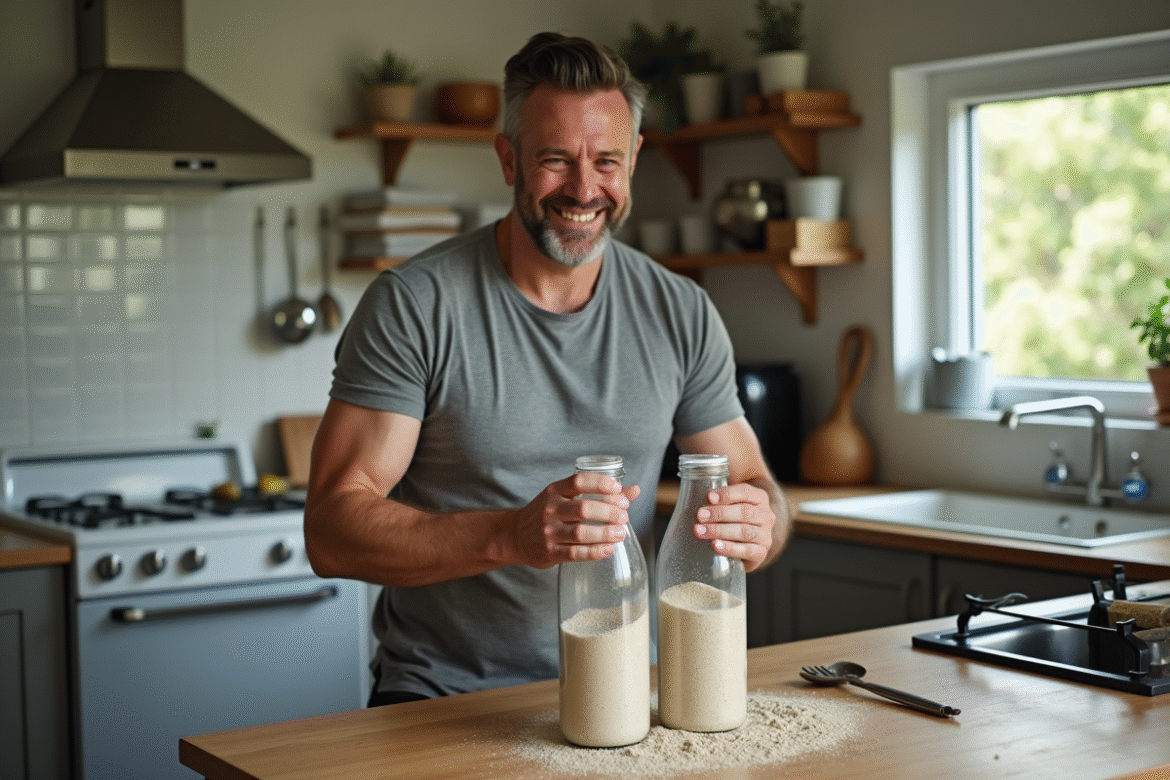 Homme d'âge moyen remplissant des bouteilles en plastique de sable pour faire des haltères