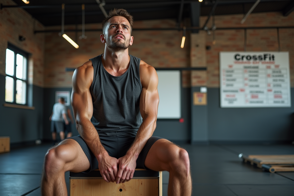 Homme épuisé assis sur un box après un entraînement CrossFit