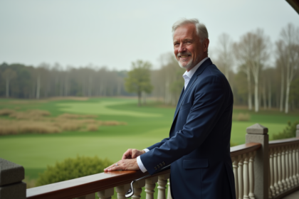Homme d'âge moyen en costume bleu sur terrasse de golf