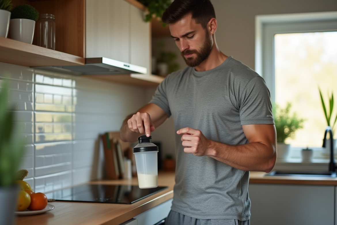 Jeune homme en cuisine préparant une protéine en shaker