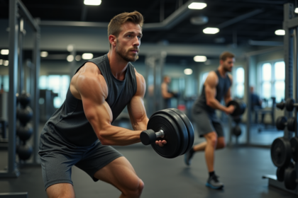 Homme musclé en salle de sport effectuant des curls avec haltère