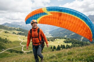 Homme lançant un parapente coloré en pleine nature