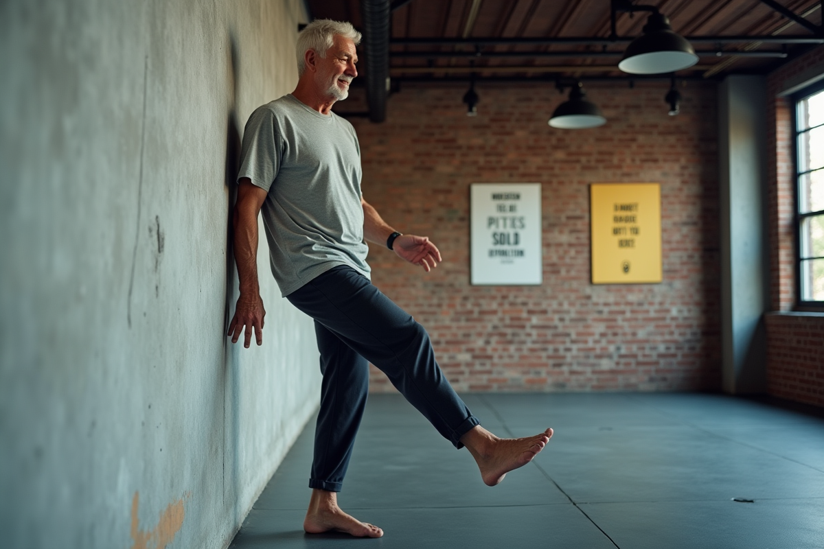 Homme âgé réalisant une levée de jambe Pilates dans une salle urbaine