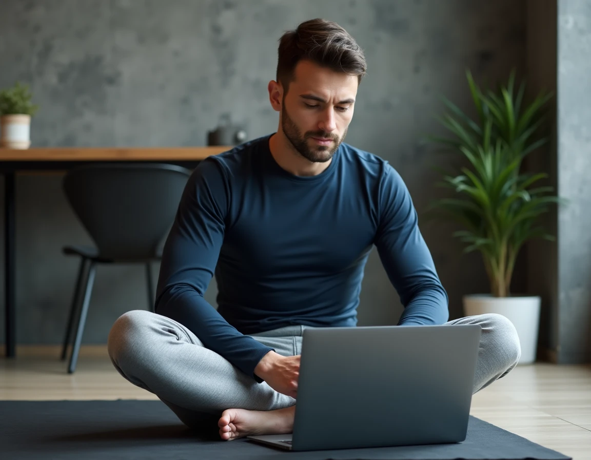 Homme consultant un programme Pilates gratuit sur ordinateur portable, symbolisant la planification et la persévérance dans la pratique du Pilates