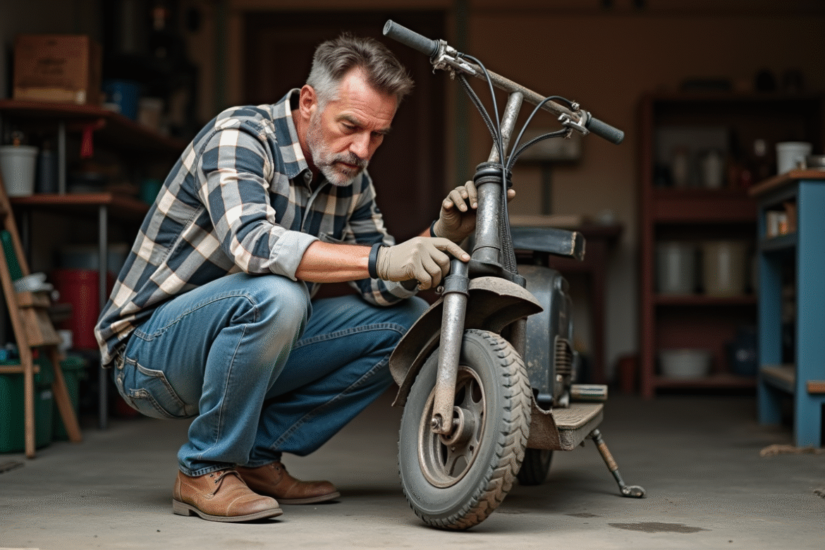 Homme d'âge moyen vérifiant la chaîne d'un scooter dans un garage