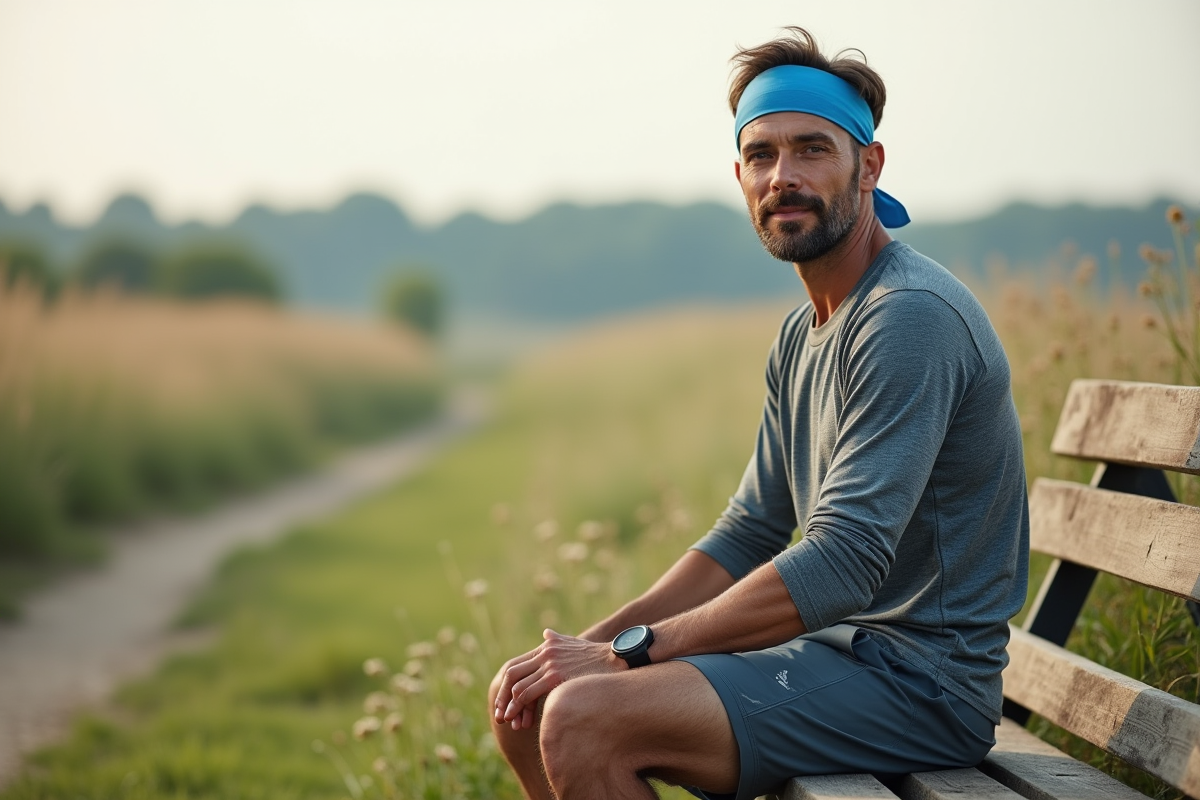 Homme d age moyen reposant sur un banc en campagne avec bandeau bleu