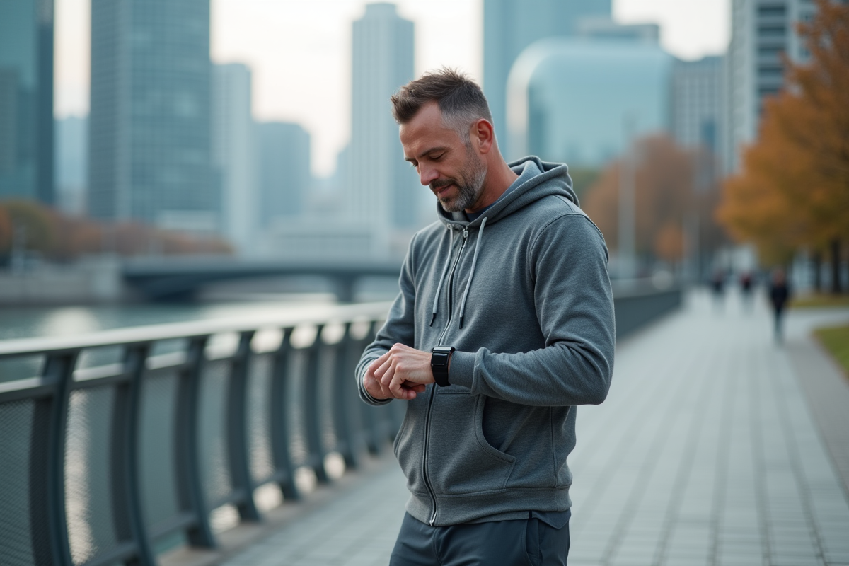 Homme en marche au bord de la rivière en ville