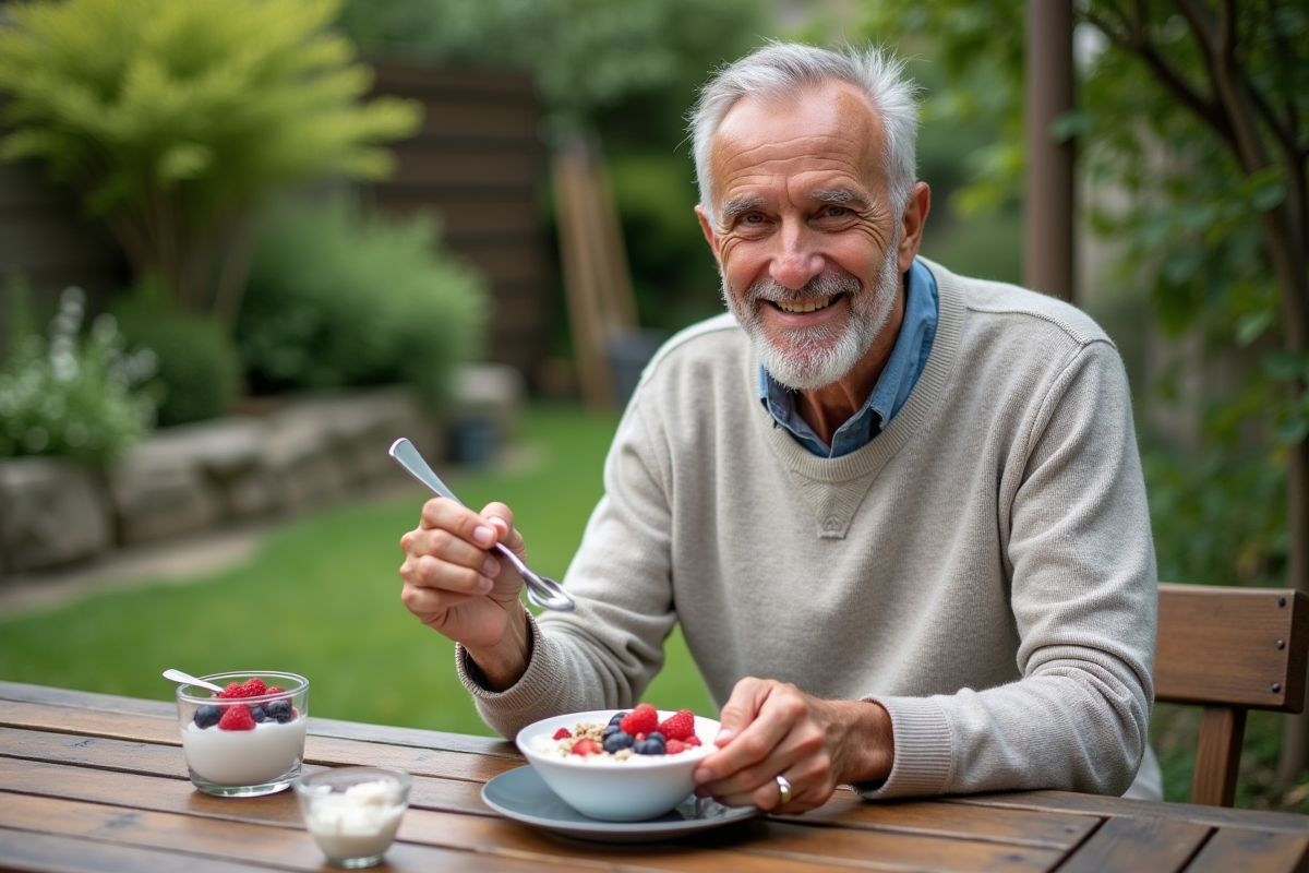 Homme détendu dégustant un yaourt aux fruits en extérieur