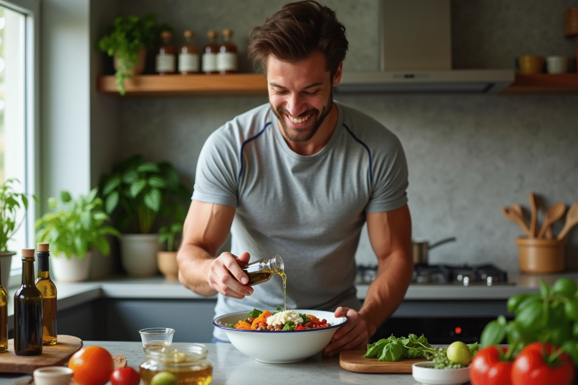Homme en t-shirt sportif prépare une salade méditerranéenne