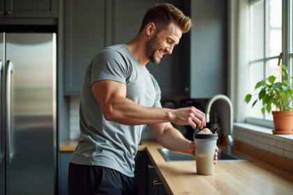 Jeune homme en salle de sport avec shaker de protéines