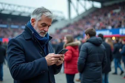 Homme d'âge moyen avec écharpe devant le Stade de France