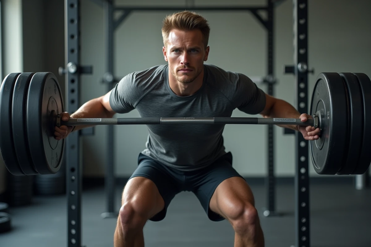 Homme en train de faire un squat avec barre chargée dans une salle de musculation, illustrant la technique du go let squat et l'adaptation de la charge