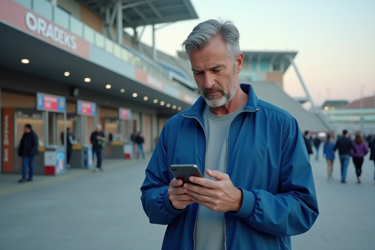 Homme vérifiant mises à jour sportives devant un stade