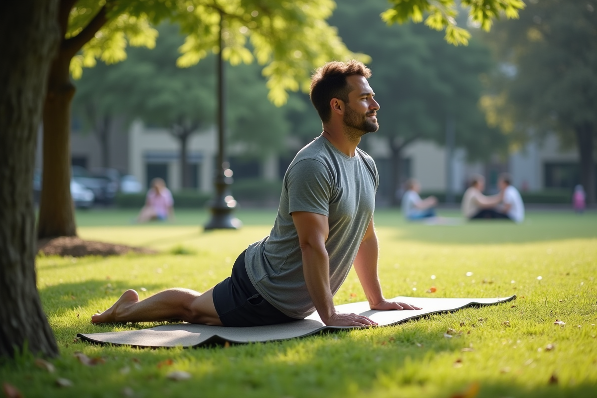 Homme pratiquant le yoga dans un parc calme et verdoyant