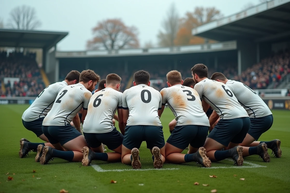 Joueurs de rugby Fédérale 1 réunis en cercle avant le coup d'envoi sur un terrain herbeux en automne