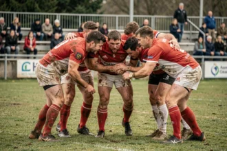 Joueurs de rugby en cercle tactique lors d'un match de Fédérale 3, jerseys rouge et blanc boueux sur terrain communautaire