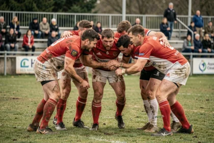 Joueurs de rugby en cercle tactique lors d'un match de Fédérale 3, jerseys rouge et blanc boueux sur terrain communautaire