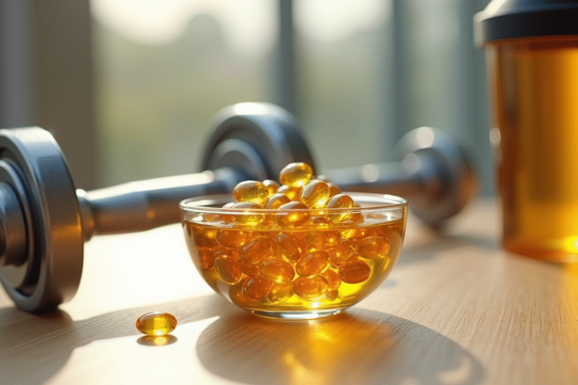 Capsules d'huile de poisson sur une table en bois clair