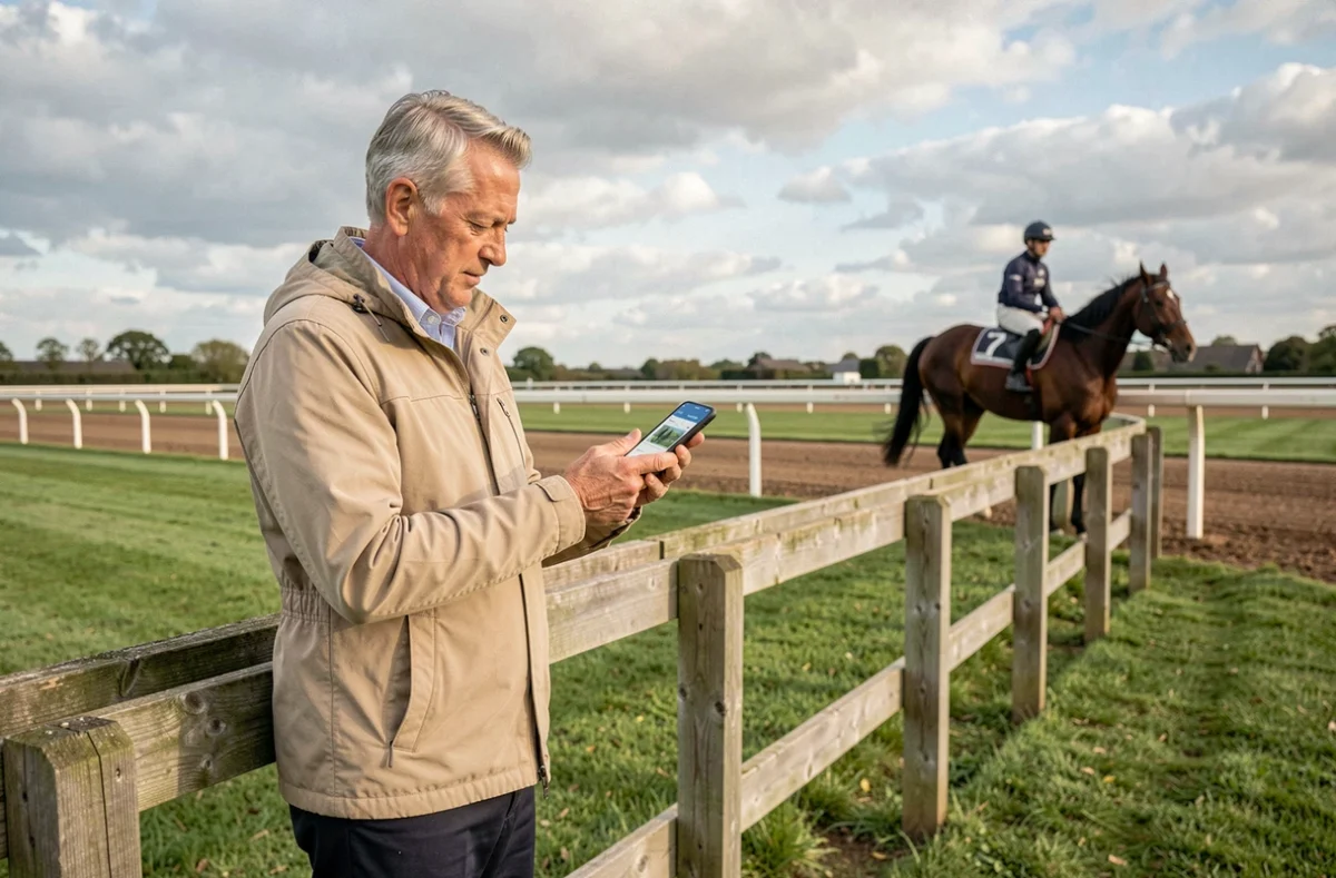 Passionné de trot consultant Infonet 5 sur smartphone au bord d'un hippodrome