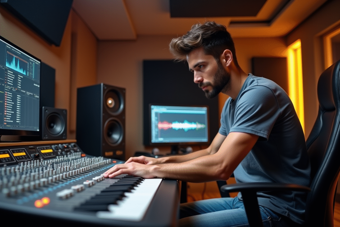 Jeune homme en studio de musique concentré sur console audio