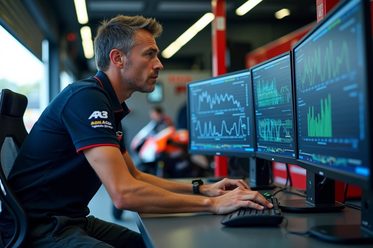 Ingénieur de données MotoGP analysant la télémétrie sur ordinateur dans un garage de paddock professionnel
