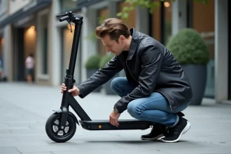 Homme inspectant une trottinette électrique Urban Glide 140 avant achat sur un trottoir urbain