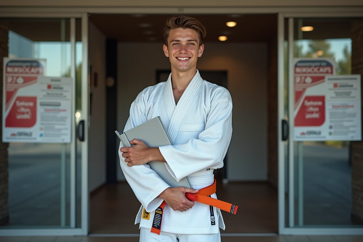 Jeune judoka en judogi blanc devant l entrance du club