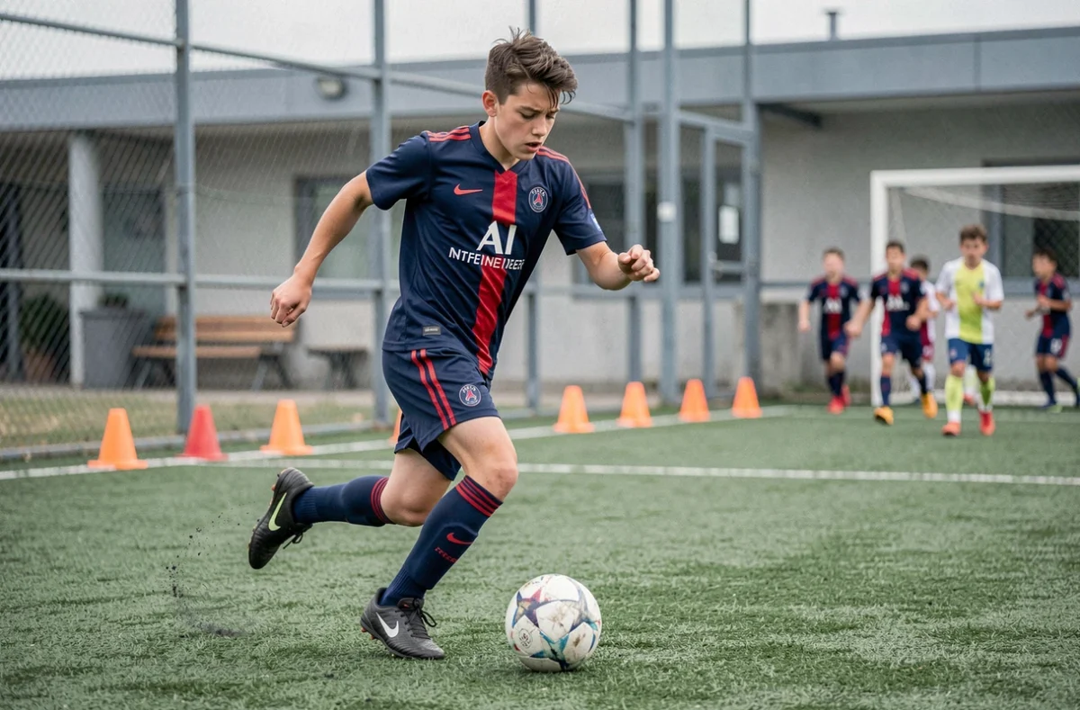 Jeune espoir de l'académie du PSG en plein dribble lors d'un entraînement sur le terrain des jeunes