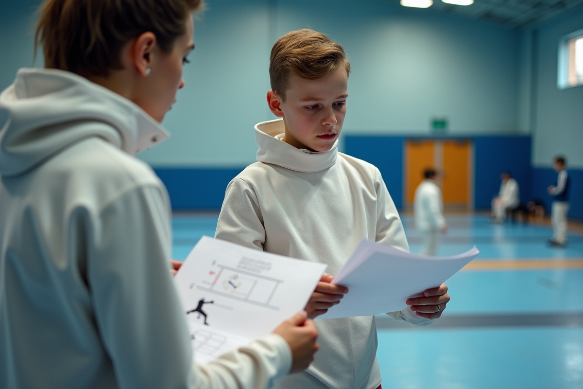 Jeune escrimeur en concentration avec son entraîneur