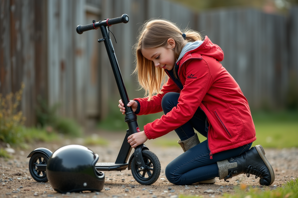 Jeune fille en veste rouge réparant un scooter en extérieur