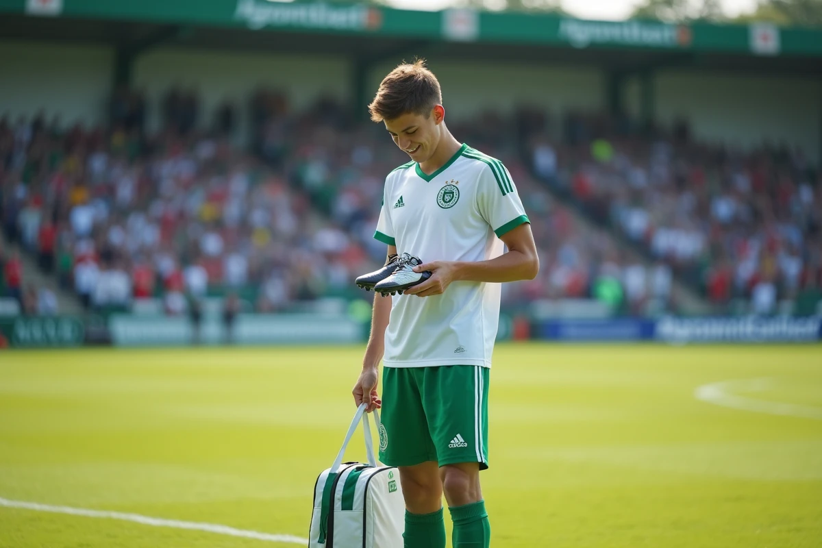 Jeune joueur de football inspectant ses crampons