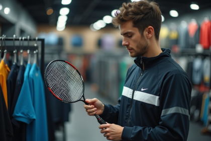 Jeune homme en tenue sportive examinant un raquette de badminton