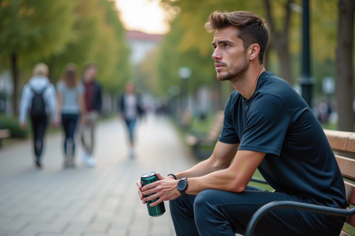 Jeune homme assis sur un banc de parc urbain avec boisson énergisante