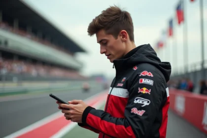 Jeune homme en veste motogp vérifiant son téléphone à Hongrie