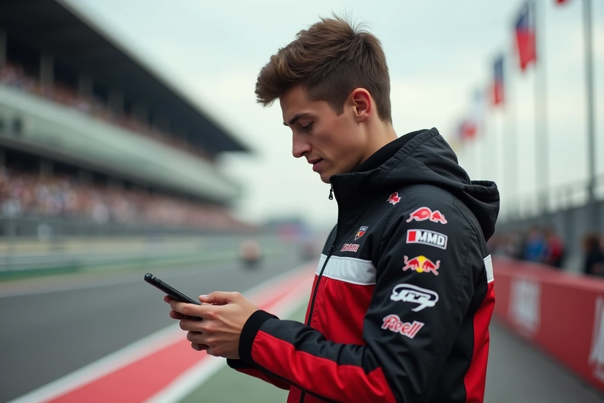 Jeune homme en veste motogp vérifiant son téléphone à Hongrie