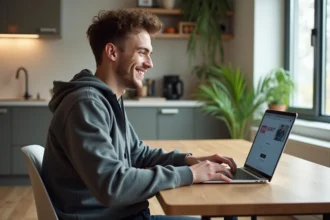 Jeune homme souriant inscrivant en ligne sur son ordinateur