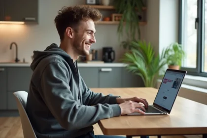 Jeune homme souriant inscrivant en ligne sur son ordinateur