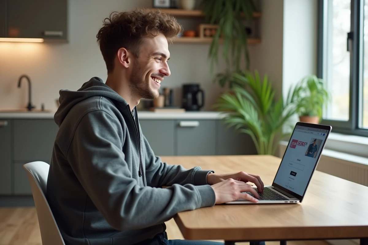 Jeune homme souriant inscrivant en ligne sur son ordinateur