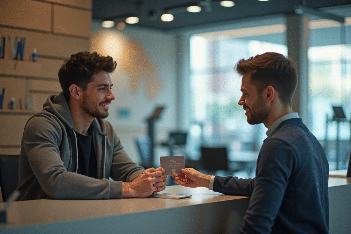 Jeune homme discutant à la réception d'une salle de sport moderne