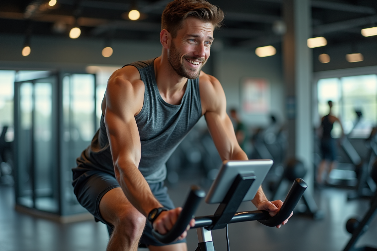 Jeune homme souriant utilisant un vélo d