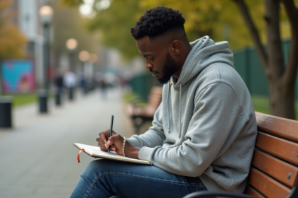 Jeune homme noir esquissant un symbole dans un parc urbain