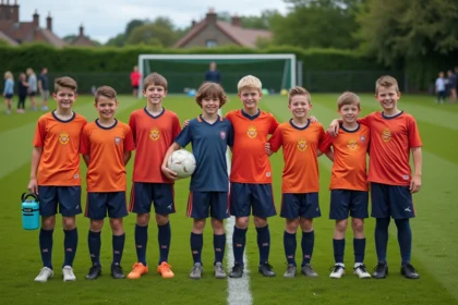 Groupe de jeunes footballeurs fiers sur le terrain