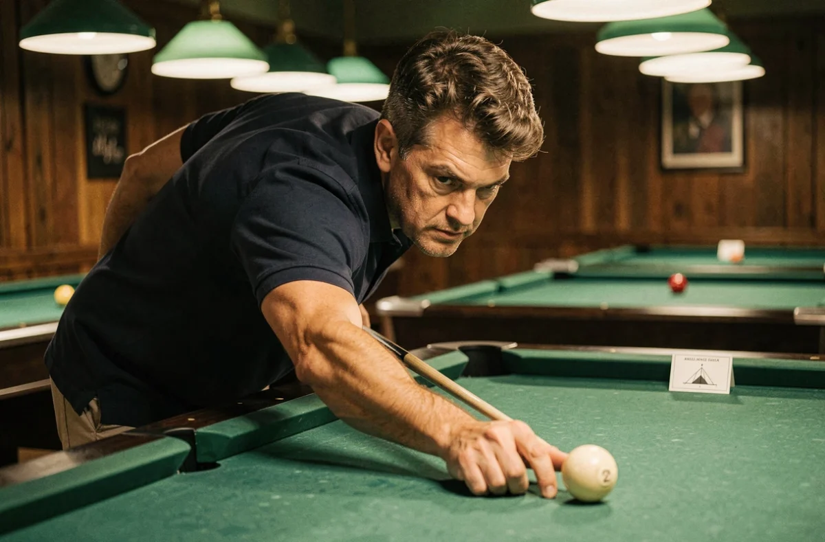 Joueur de billard adulte calculant l'angle de rotation en degrés pour viser avec précision sur une table de billard professionnelle