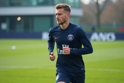 Jeune joueur de football PSG en entraînement sur le terrain