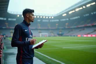 Jeune footballeur PSG en entraînement sous la pluie