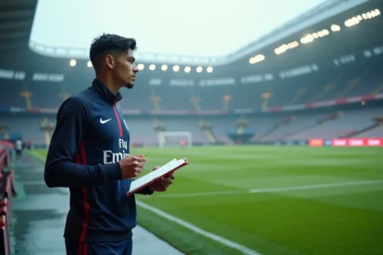 Jeune footballeur PSG en entraînement sous la pluie